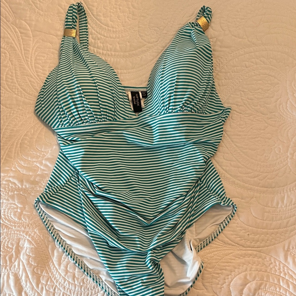 Women’s Striped Turquoise One Piece Swimsuit - size 12 Excellent